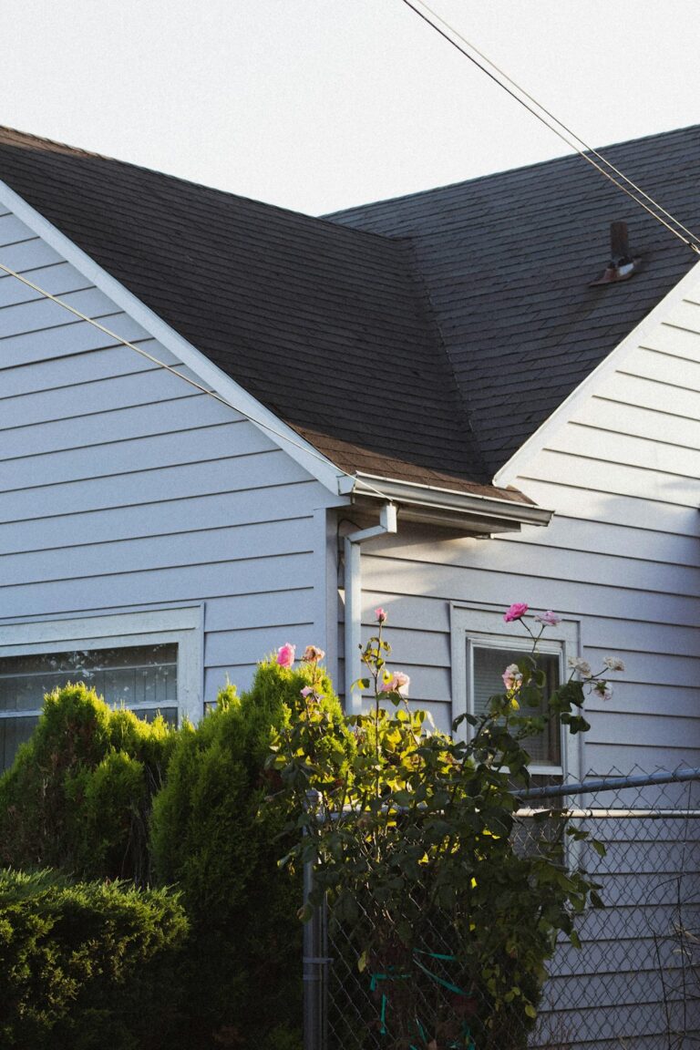 A homeowner uses binoculars to check their shingle roof for damage after a storm.